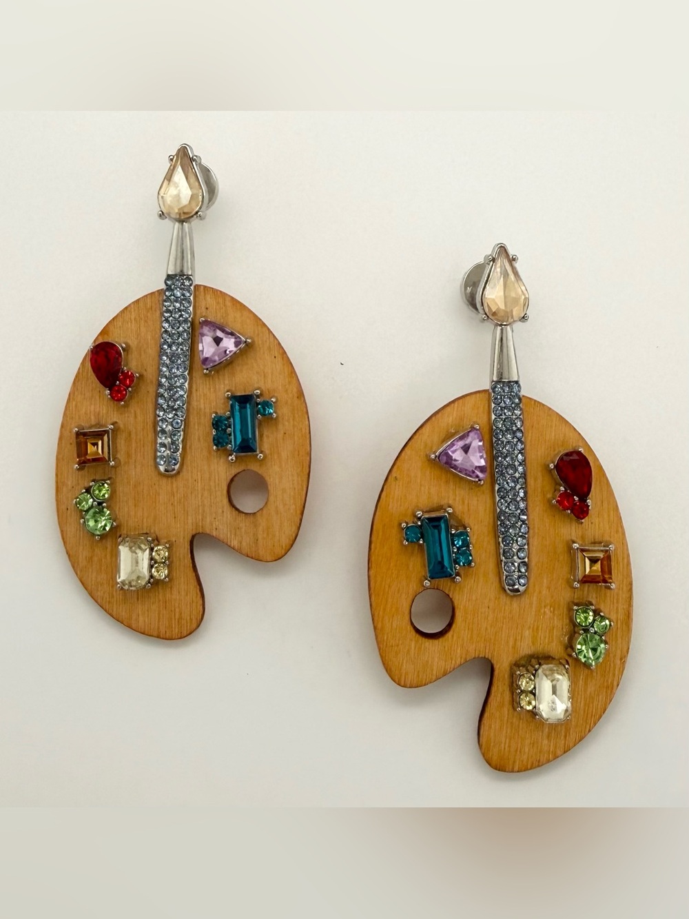 Wood Paint Palette Statement Earrings with Multicolor Rhinestones